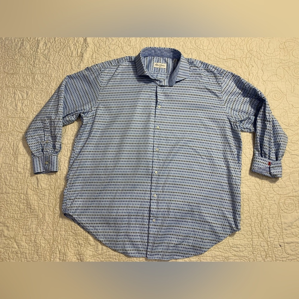 Robert Graham Button Down Size XXL 18.5 34/35 Blue Basket Weave Pattern